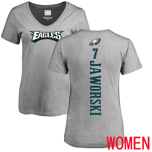 Women Philadelphia Eagles #7 Ron Jaworski Ash Backer V-Neck NFL T Shirt->nfl t-shirts->Sports Accessory